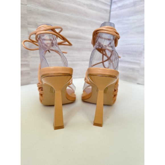 PrettyLittleThing Knot Lace Up Sandals Coral High Heel Square Toe Sexy US 6/UK 4 - Picture 9 of 10